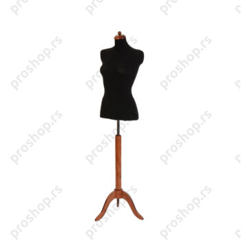 Krojačka lutka 1/2 tela, ženska, crna, na mahagoni drvenom tronošcu